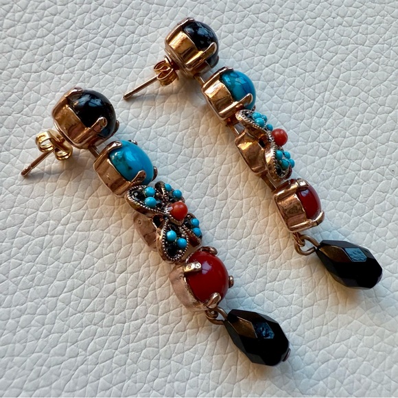 Vintage Amaro Earrings NWT Handcrafted Turquoise, Obsidian, Red Coral - Picture 4 of 5